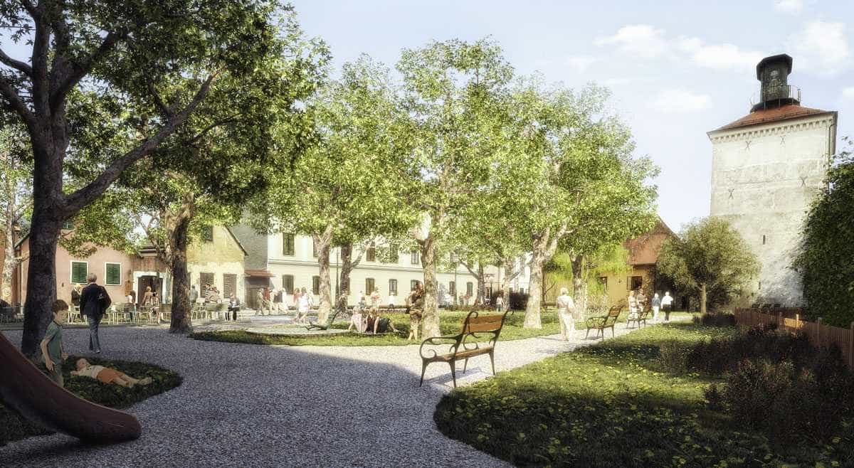 Park Bele IV. (Vranyczanyeva poljana) pogled na kulu Lotrščak